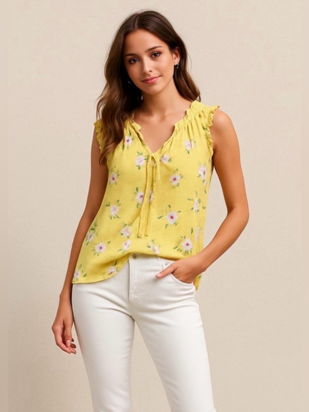 MELLODAY Floral, Ruffle Trim, Tie V-Neck Tank Blouse, Yellow, White, Size S